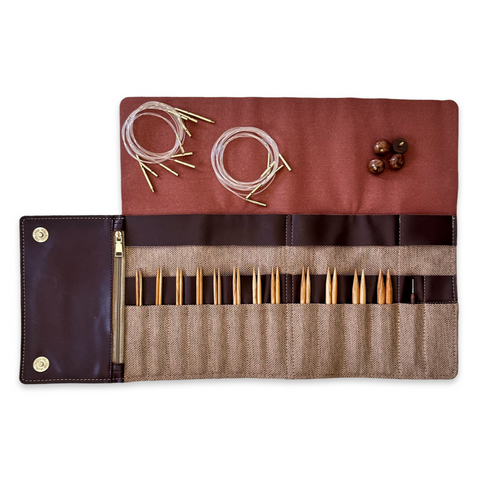 Premium 5-Inch Olive Wood Interchangeable Circular Knitting Needle Set | Leather Case (29 Piece Set)