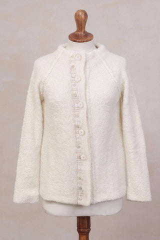 NOVICA - Morning Muse In Off White Alpaca Blend Sweater Jacket